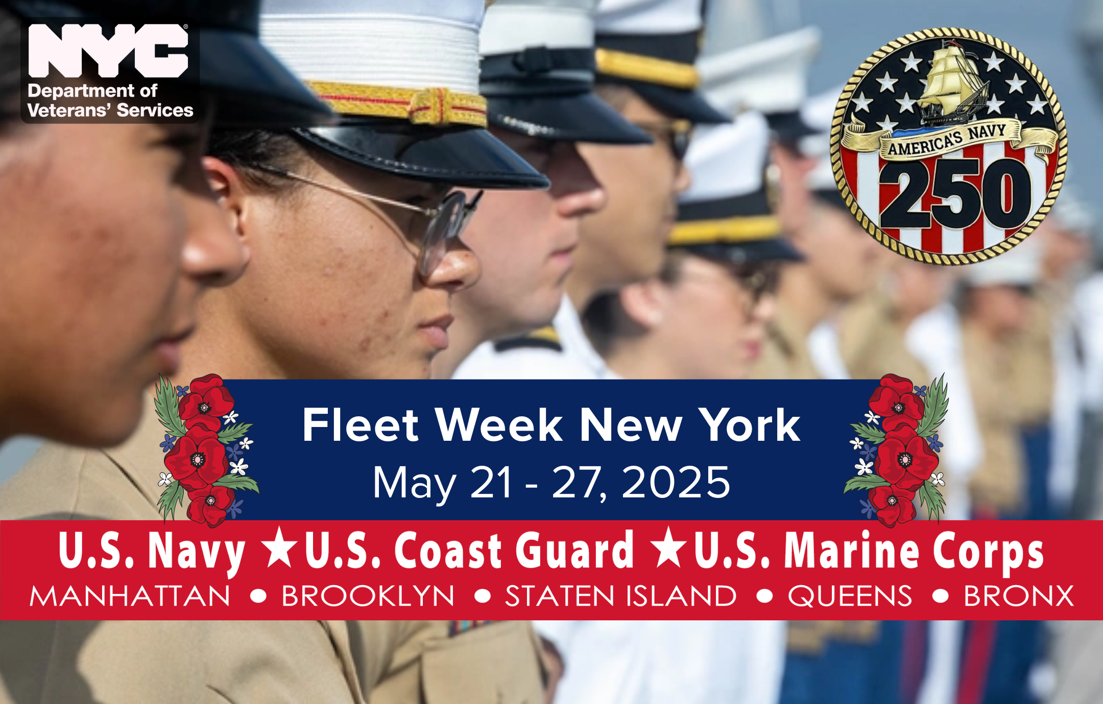 Close-up of sailors standing at parade rest. 
Text: New York Fleet Week | May 21-27, 2025


                                           